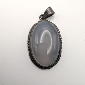 Egyptian Sterling Silver 925 Grey Blue Chalcedony Oval Cabochon Pendant Vintage